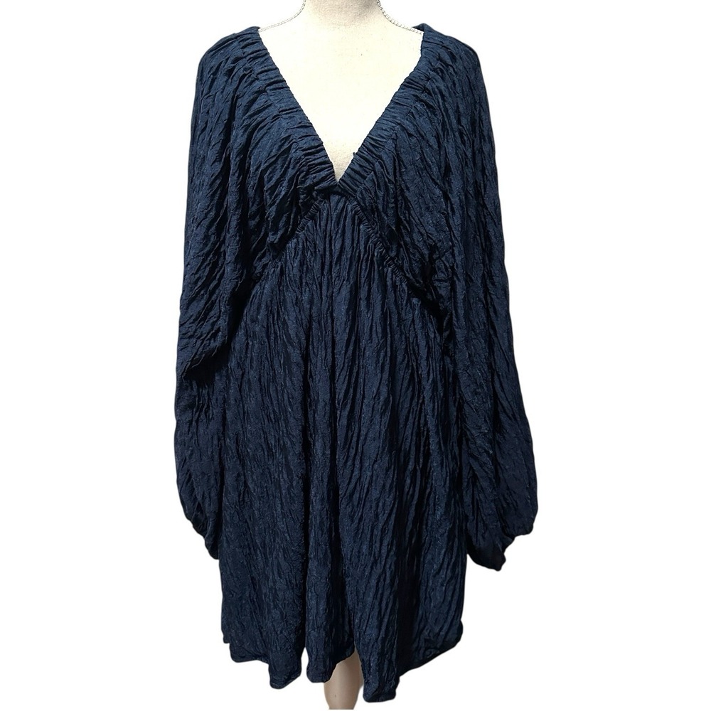 Jade by Jane Navy Blue Crinkle Plisse Balloon Sleeve Mini Dress Plus 2XL Boho